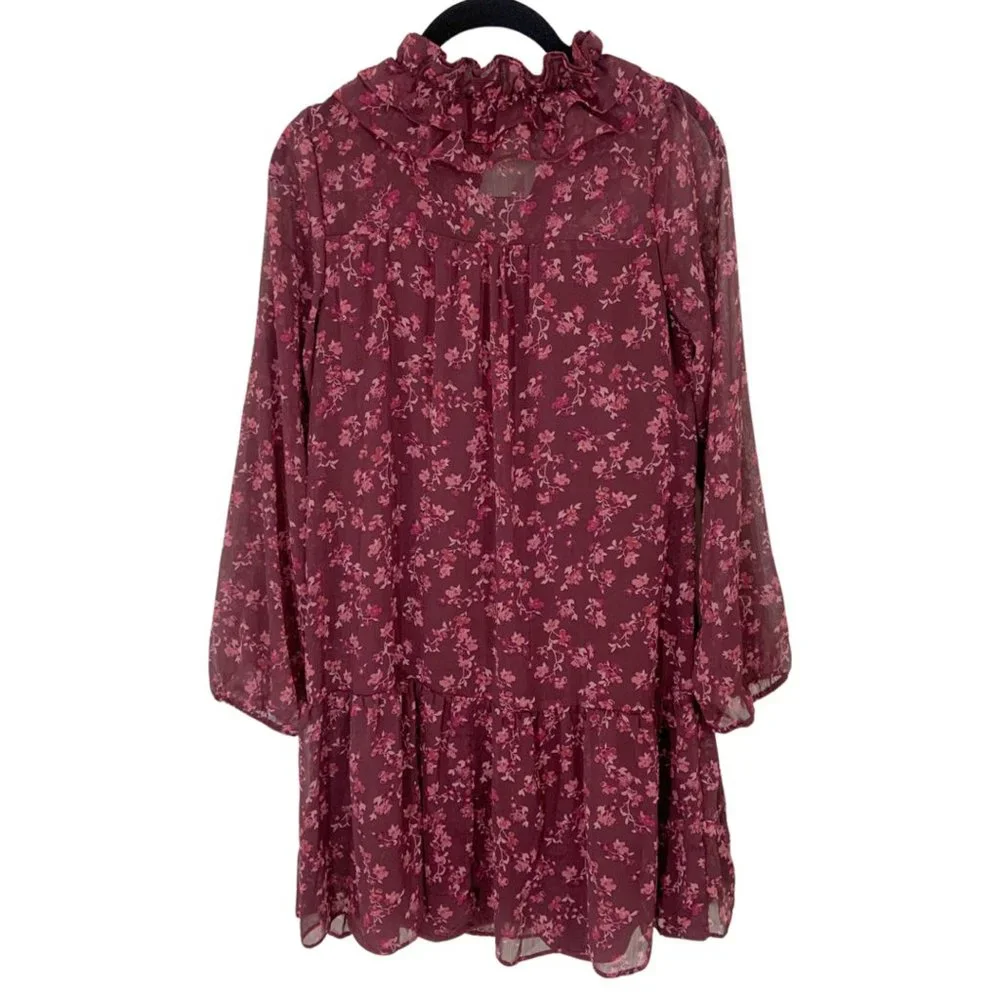 Frill Neck Chiffon Smock Floral Mini Dress - Picture 2 of 8